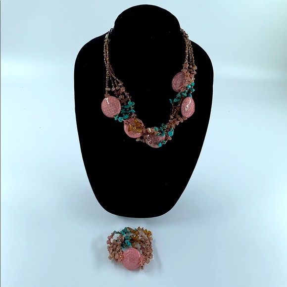 Pink and turquoise stone necklace and bracelet - Picture 1 of 3